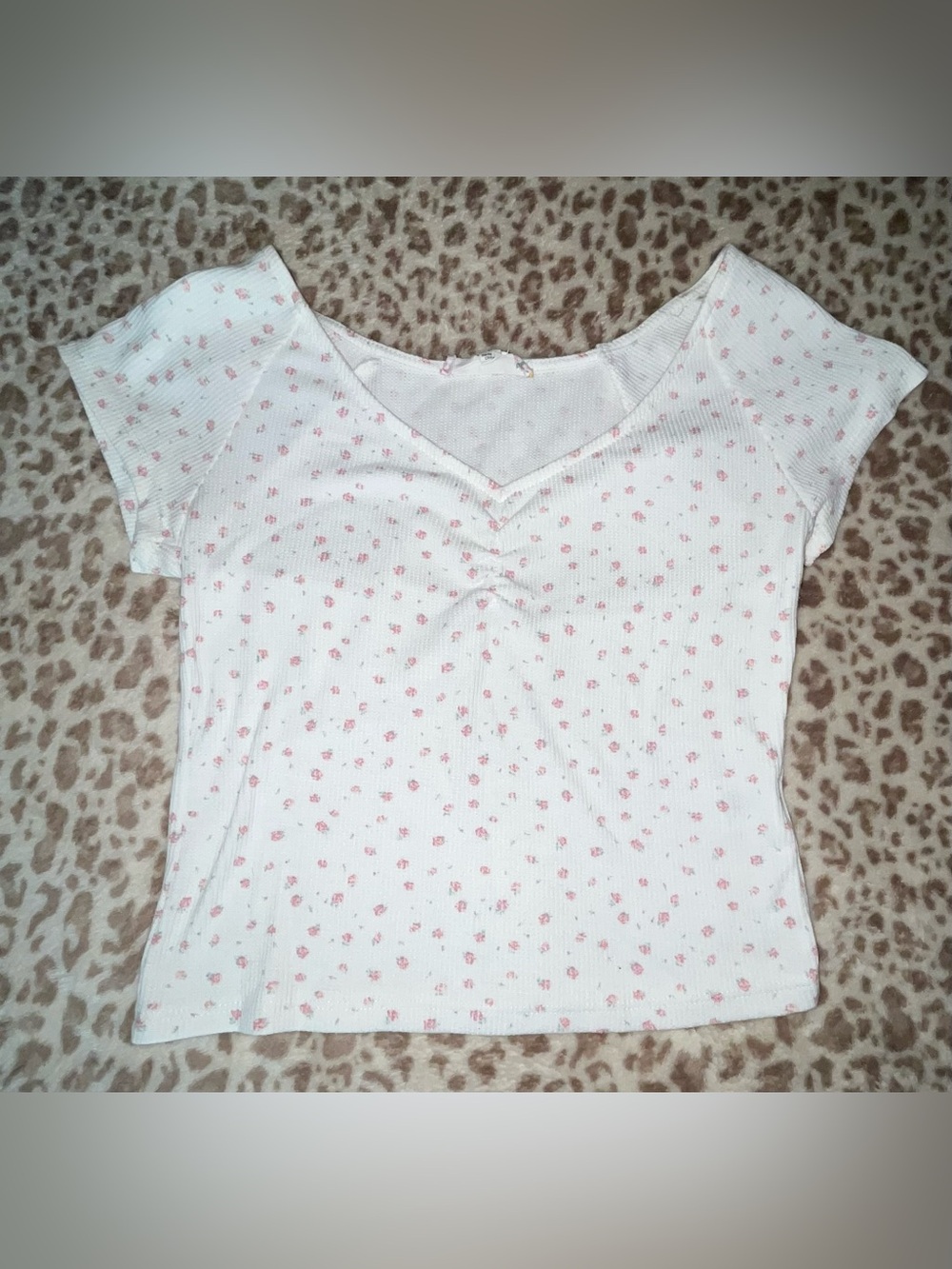 Women's White Ribbed Short Sleeve Top with Pink Floral Print
